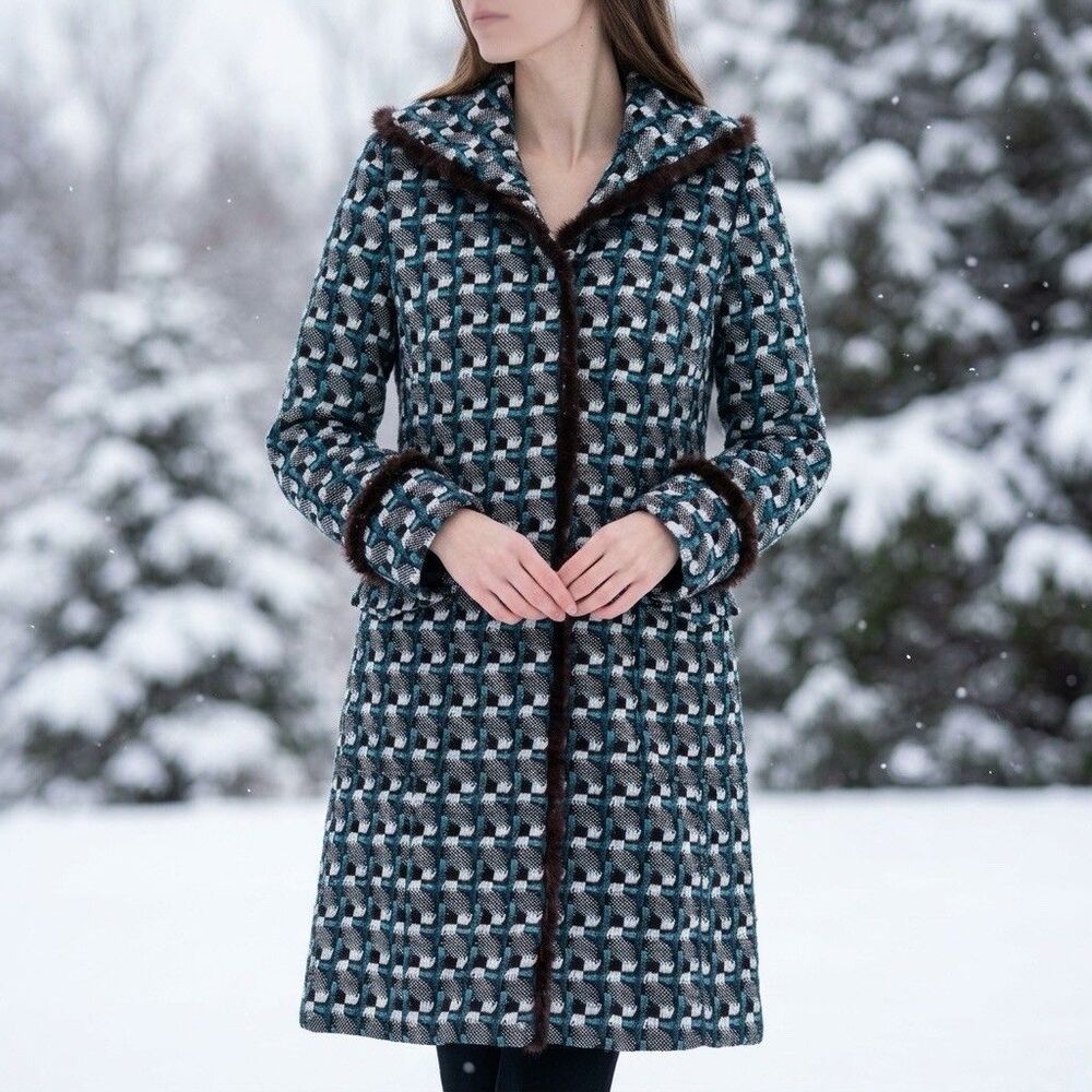 Nine West Wool Brown- Teal And White  Long Coat Size Small Plaid W/ Rabbit Fur